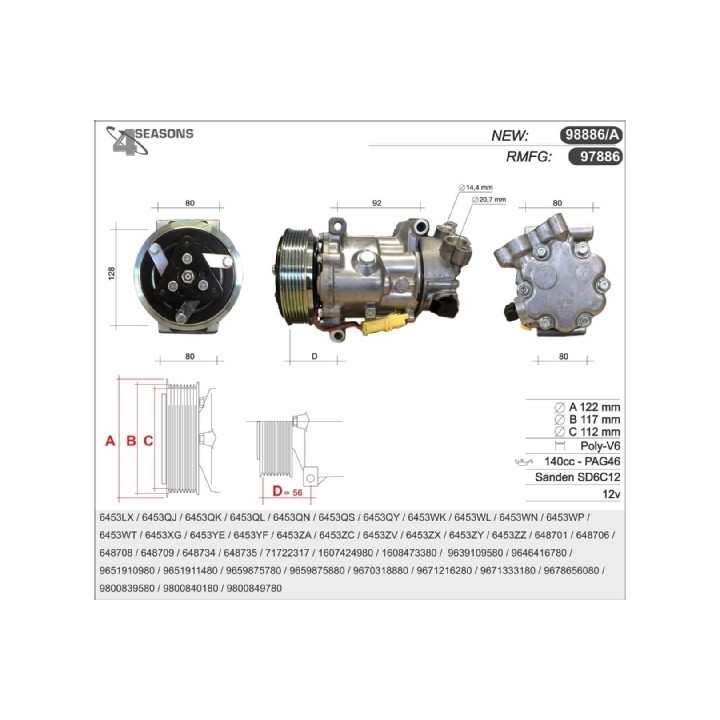 97886  COMPRESOR  PSA C4 / 207 / 307 05-