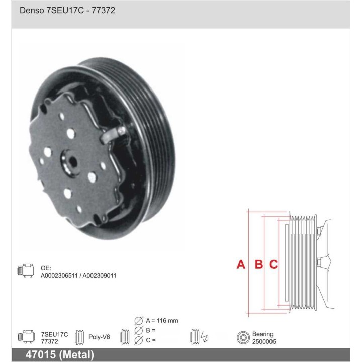 47015  COMPRESSOR CLUTCH DENSO 7SEU16C 12V PV6