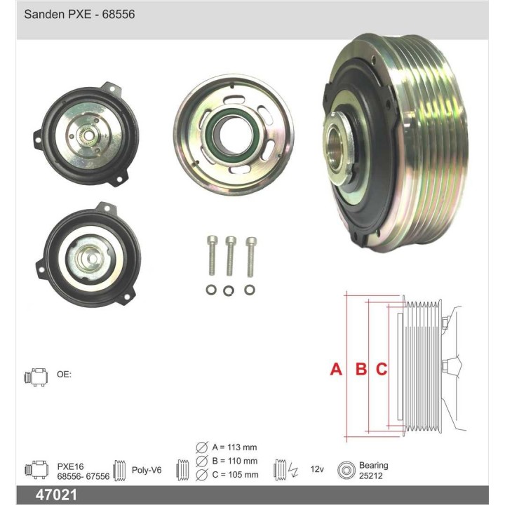 47021  EMBRAGUE COMPRESOR SANDEN PXE16 12V PV6