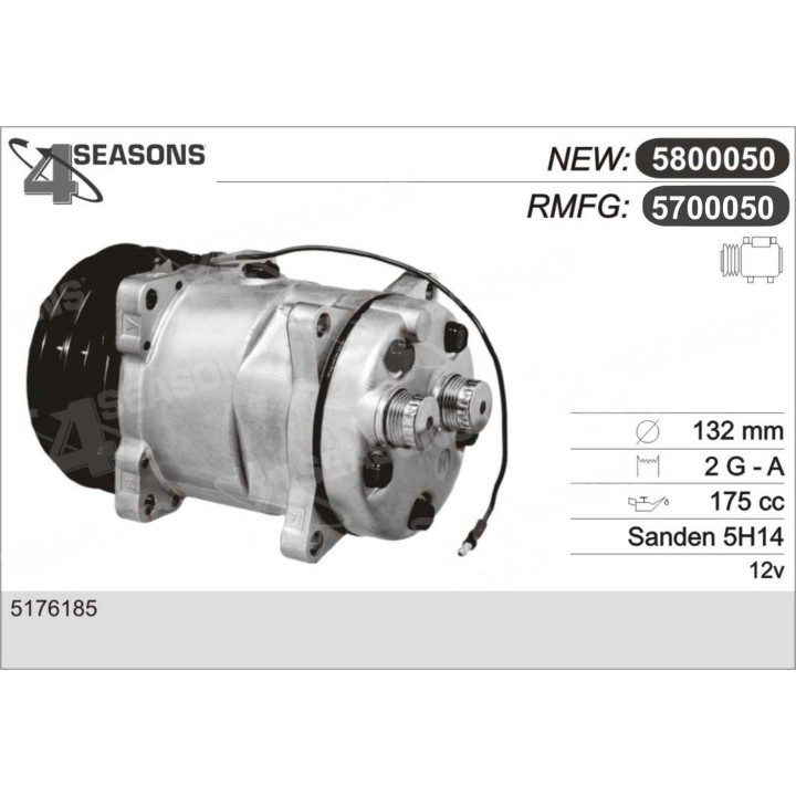 5700050  COMPRESOR NUEVO AFTERMARKET SANDEN SD 5H14 12V  2 G