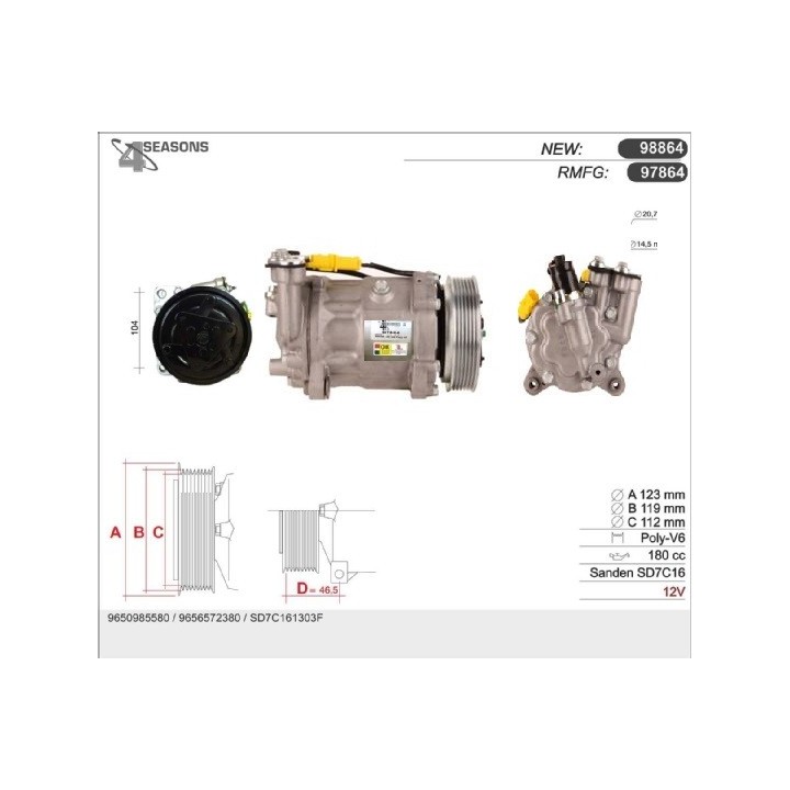 97864  COMPRESOR  PSA C6 / 407 / 607 2.7 HDI 04-