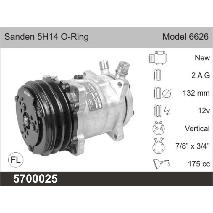 5700025  COMPRESOR NUEVO AFTERMARKET SANDEN SD 5H14 12V  2 G
