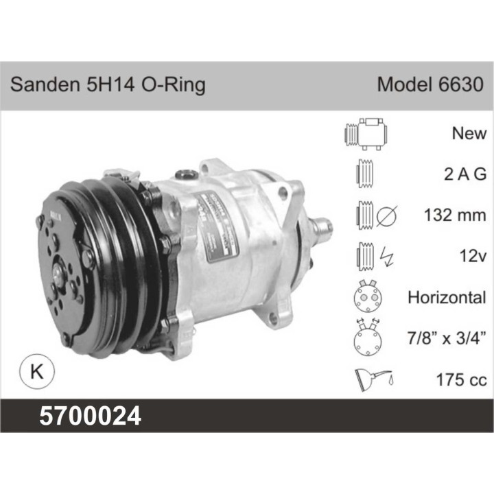 5700024  COMPRESOR NUEVO AFTERMARKET SANDEN SD 5H14 12V  2 G