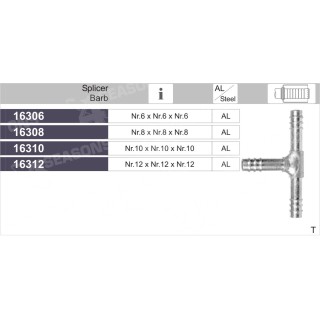 16310  FITTING STANDARD HOSE SPLICER BARB T NR.10 X NR.10