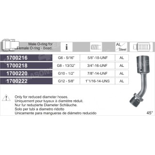 1700216  FITTING REDUCED DIAMETER HOSE MALE ORING FOR FEMAL
