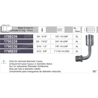 1700226  FITTING REDUCED DIAMETER HOSE MALE ORING FOR FEMAL