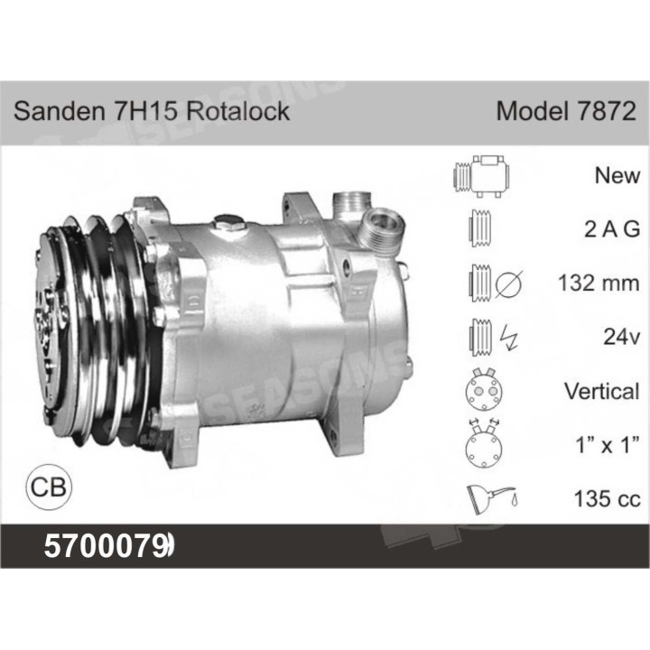 5700079  COMPRESOR NUEVO AFTERMARKET SANDEN SD7H15 24V  2 GR