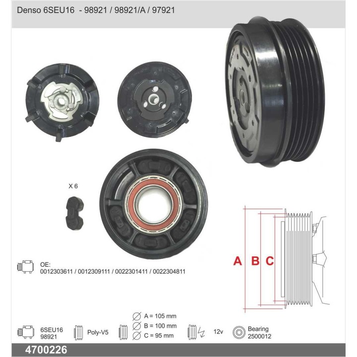 4700226  COMPRESSOR CLUTCH DENSO 6SEU16C 12V PV5