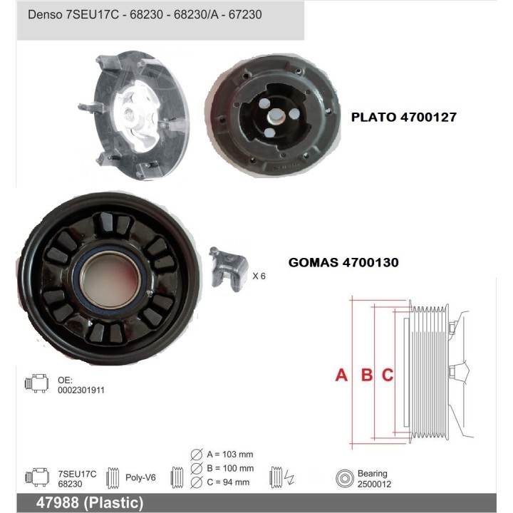 47988/A  EMBRAGUE COMPRESOR DENSO 7SEU17C 12V PV6