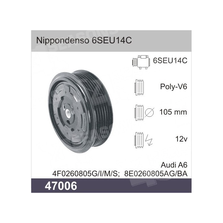 47006  EMBRAGUE COMPRESOR DENSO 6SEU14C 12V PV6