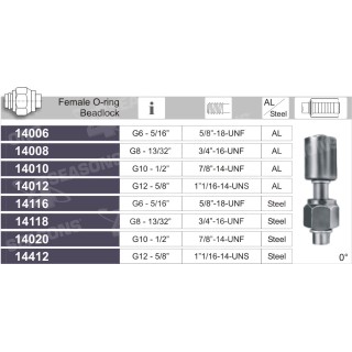 14008  FITTING STANDARD HOSE FEMALE ORING BEADLOCK 0° G8
