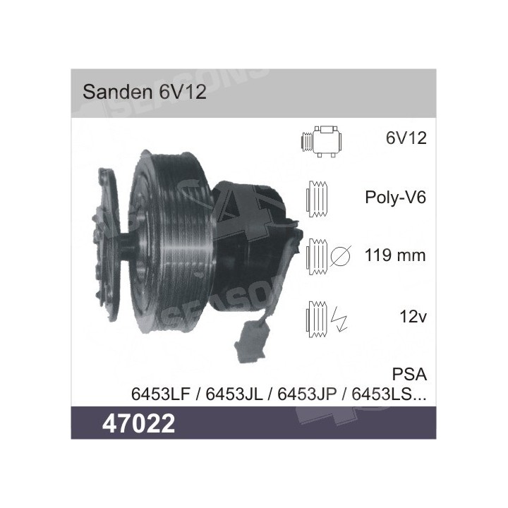 47022  COMPRESSOR CLUTCH SANDEN SD 6V12 12V PV6