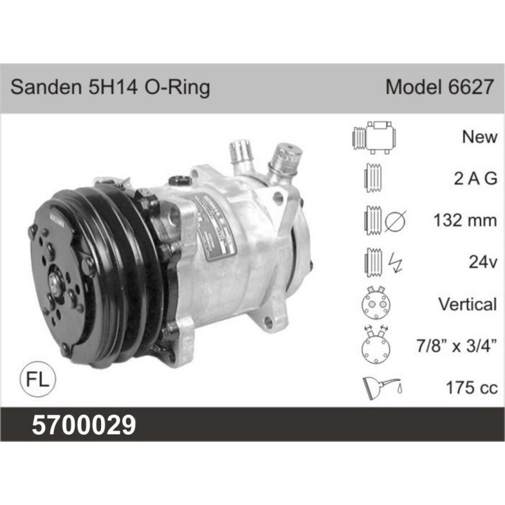 COMPRESSOR NEW AFTERMARKET SANDEN SD 5H14 24V  2 G