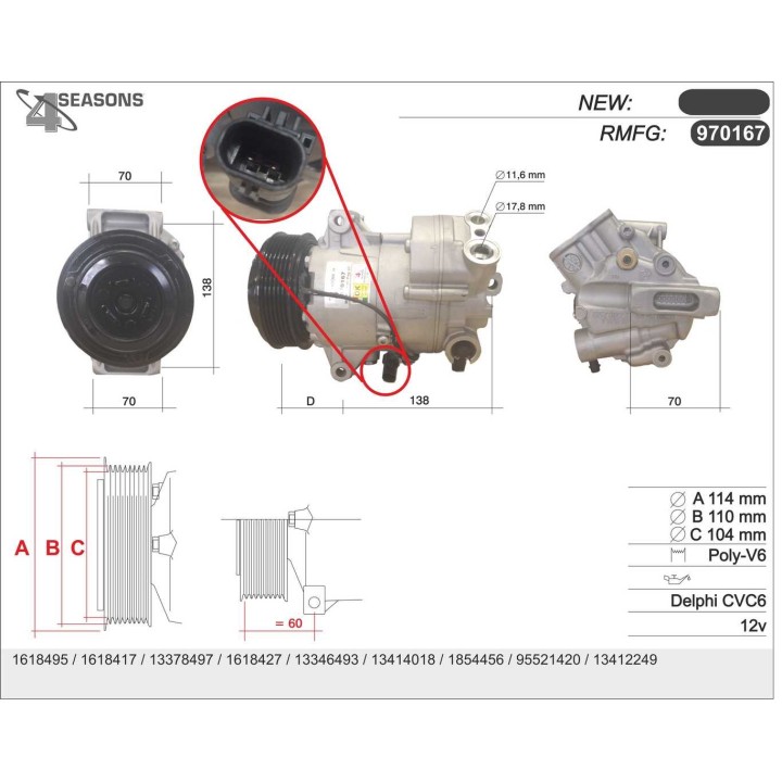 970167N COMP NEW  HR 6CVC A/D PV6 110MM 12V V-B 45  (BOBINA Y ELECTROVALVULA)